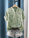Plus Size Women Summer Artsy Flower 100%Cotton V-Neck Blouse