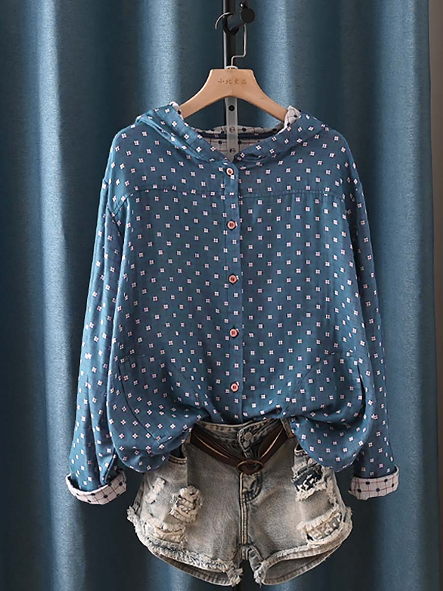 Plus Size Women Autumn Vintage Plaid Hooded 100%Cotton Shirt