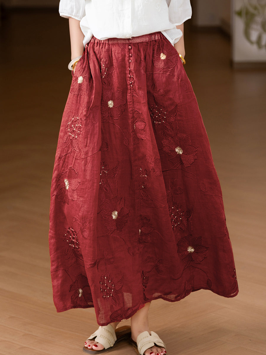 Plus Size Women Summer Artsy Flower Embroidery 100%Ramie Skirt