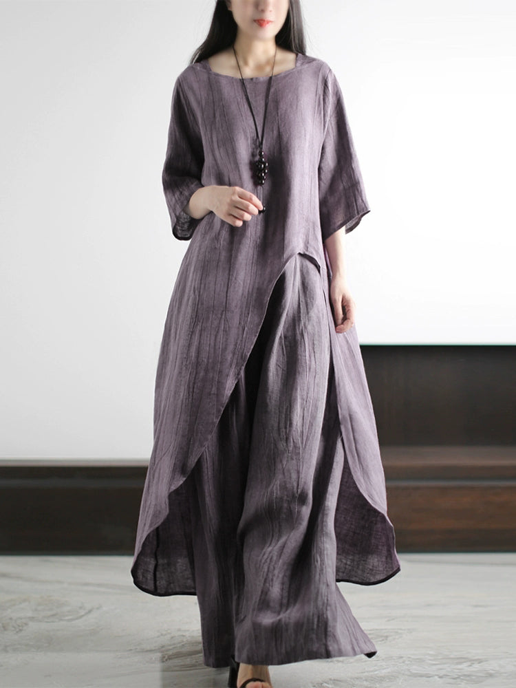 Plus Size Linen Two Piece Set for Women, Summer Vintage Loose Suit