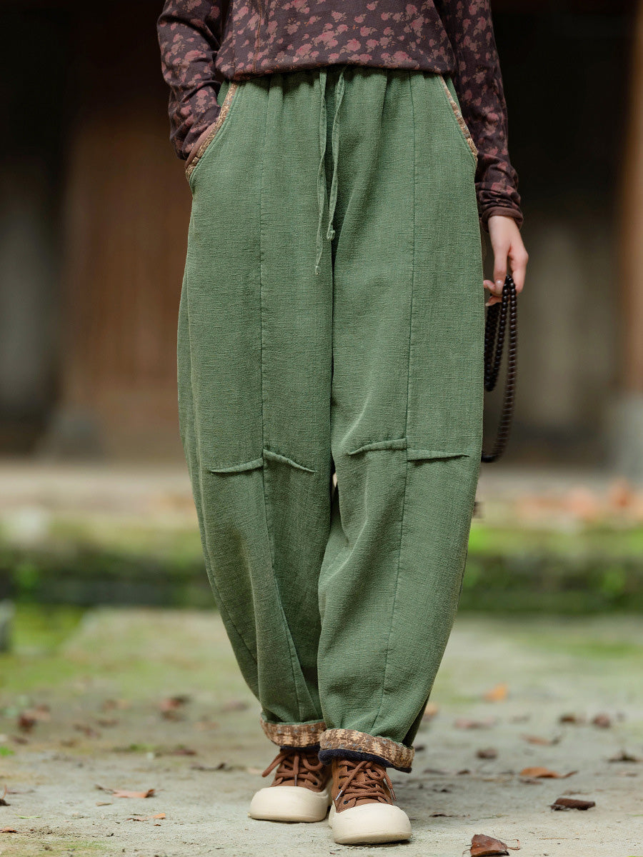 Plus Size Women Winter Retro Solid Spliced Padded Harem Pants