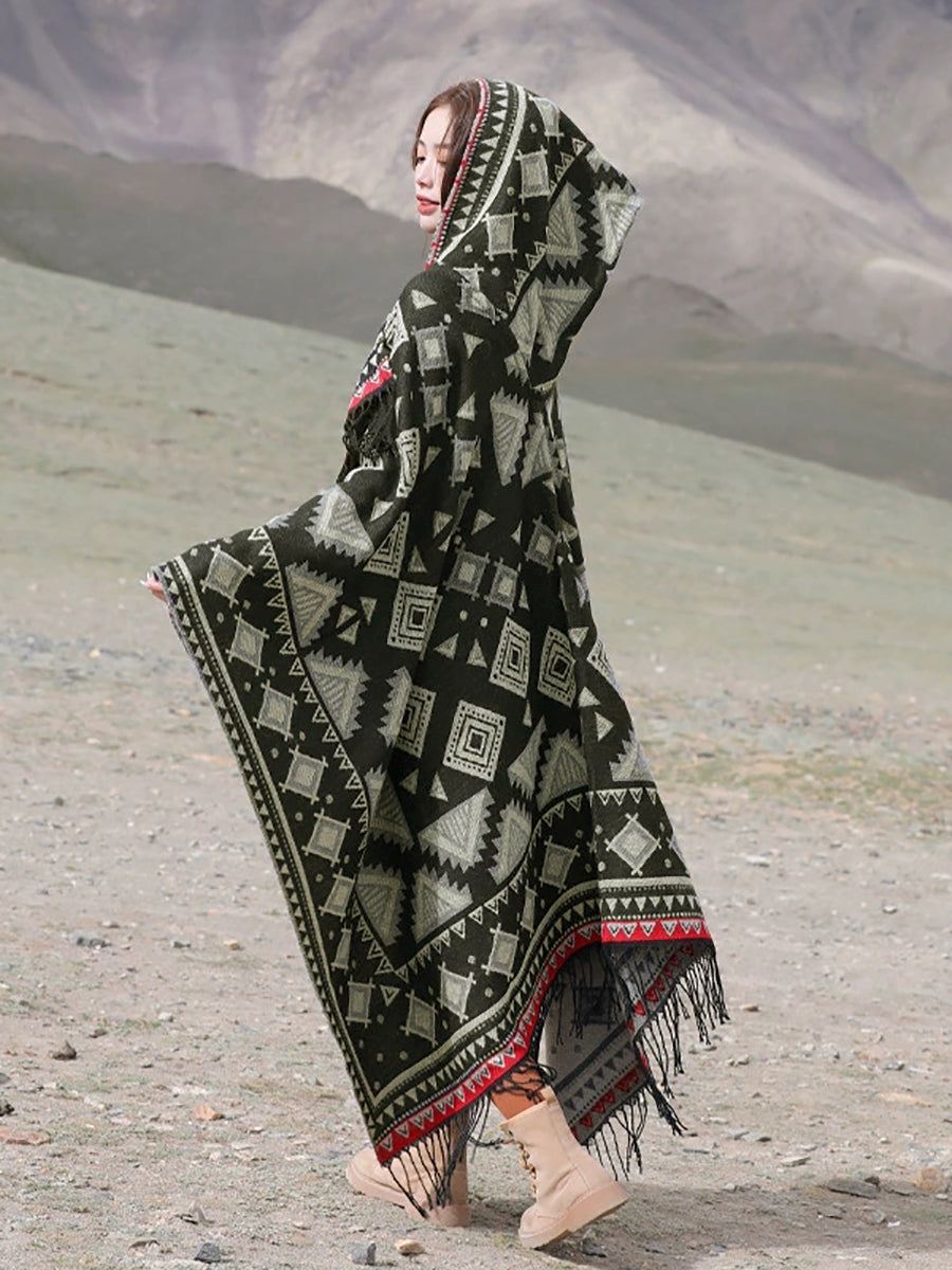 Ethnic Autumn Keep Warm Hooded Shawl Cape
