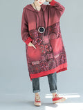 Women Vintage Flower Spliced Loose Hooded Dress