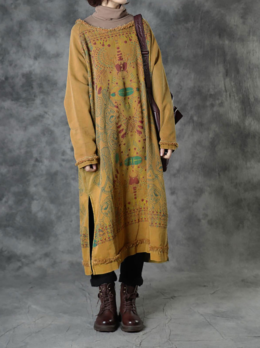 Plus Size Women Autumn Ethnic Tribal Print O-Neck Loose Cotton Dress