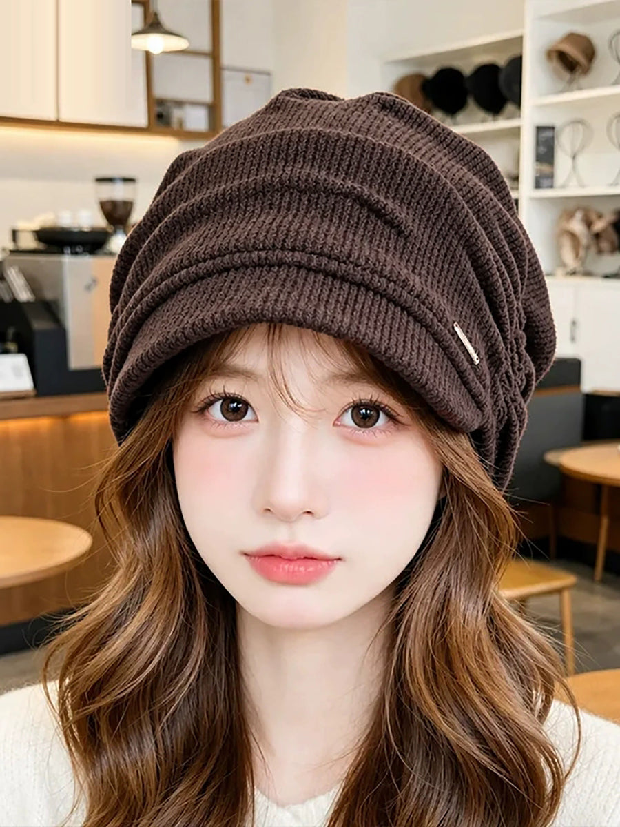 Women Fall Winter Warm Corduroy Pleated Slouchy Beanie