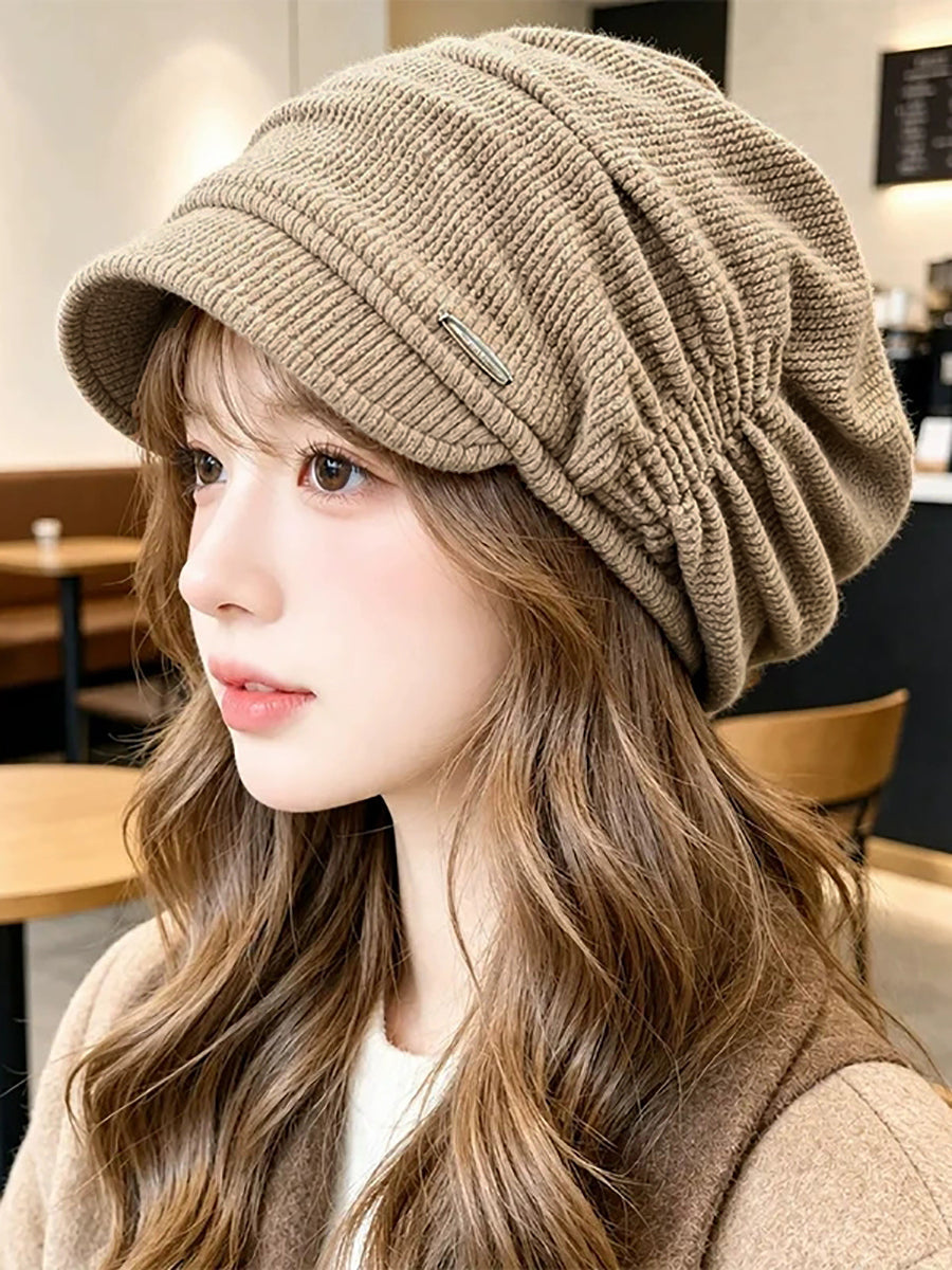 Women Fall Winter Warm Corduroy Pleated Slouchy Beanie