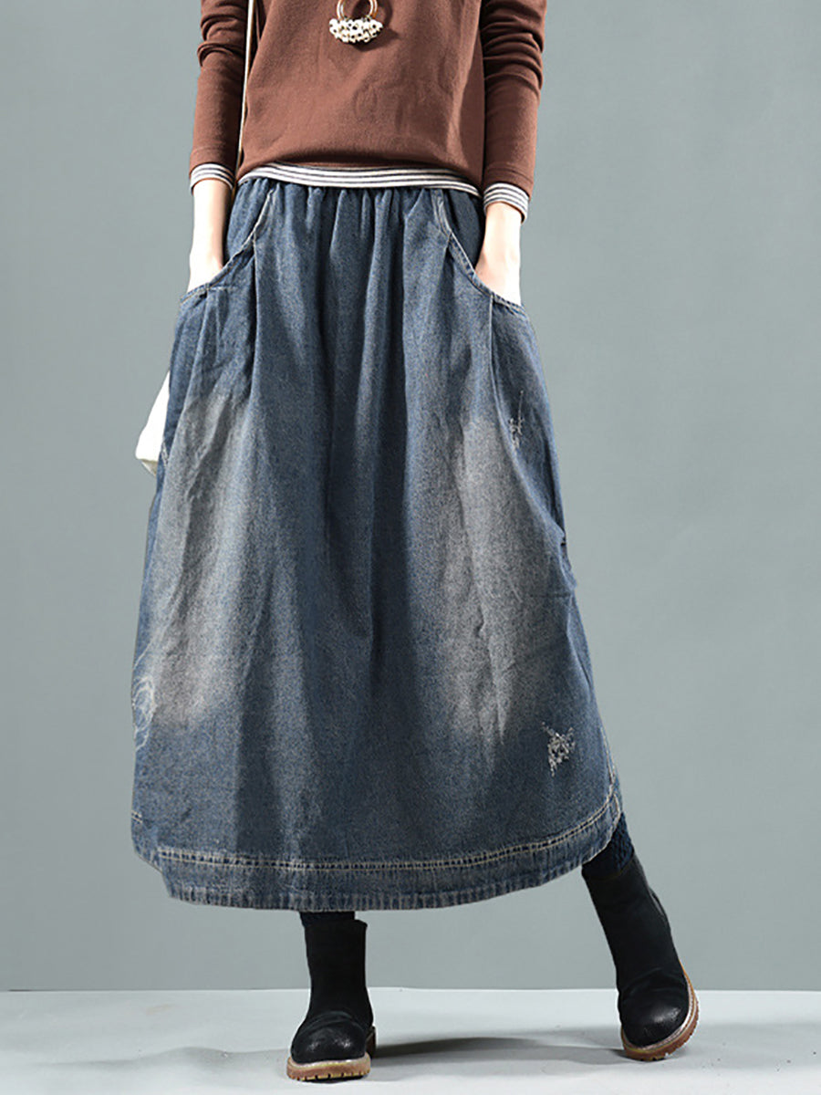 Plus Size Women Retro Fade Pocket Elastic Waist Denim Skirt