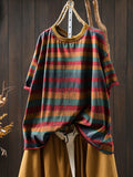 Plus Size Cotton Colorblock Stripe Blouse for Women, Summer Retro O‑Neck Raglan Top