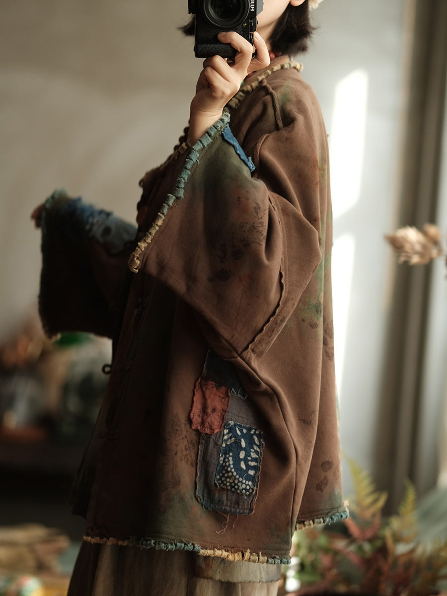 Women Spring Vintage Patchwork O-Neck Shirt Coat