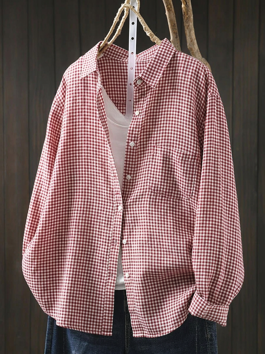 Plus Size Women Lattice Linen Cotton Turn-down Collar Shirt