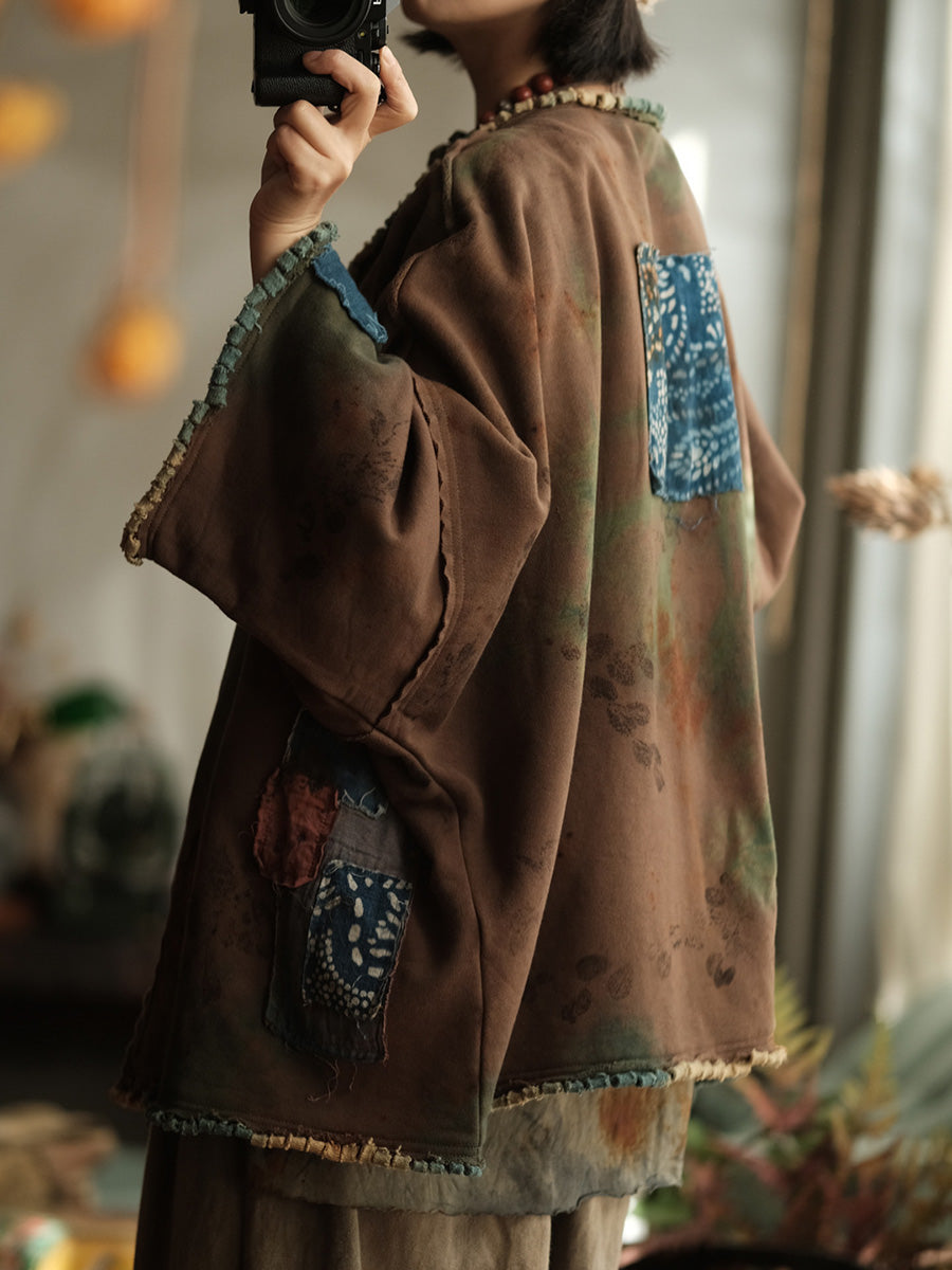 Women Spring Vintage Patchwork O-Neck Shirt Coat