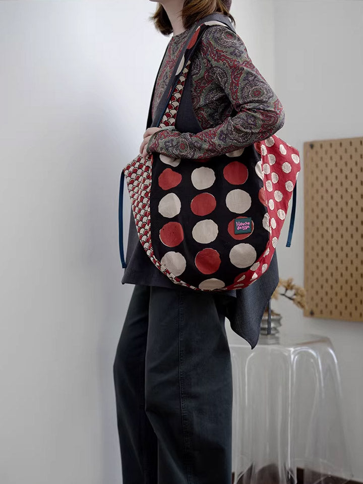 Women Retro Spliced Polka Dot Shoulder Bag