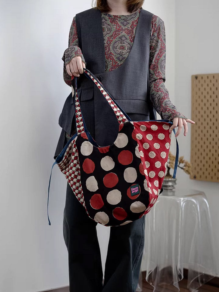 Women Retro Spliced Polka Dot Shoulder Bag