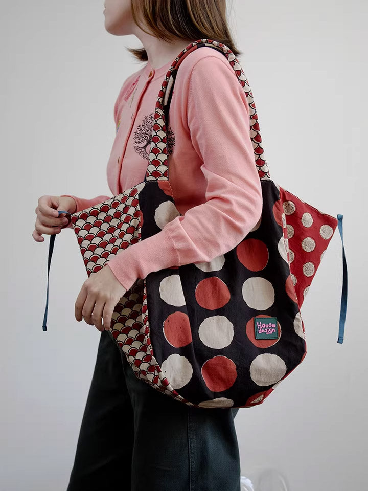 Women Retro Spliced Polka Dot Shoulder Bag