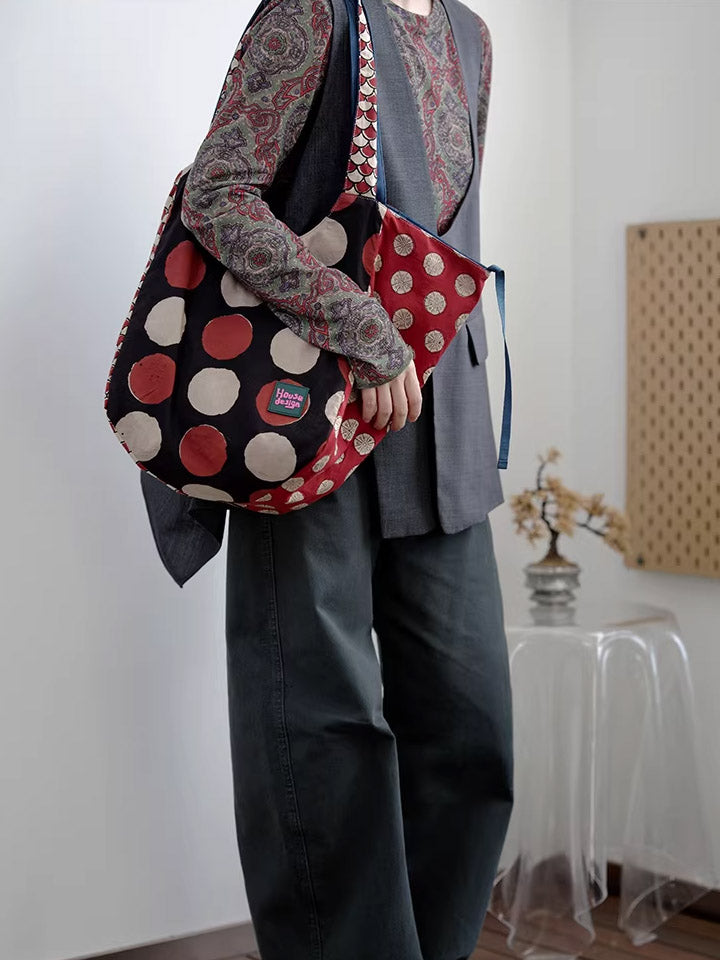 Women Retro Spliced Polka Dot Shoulder Bag