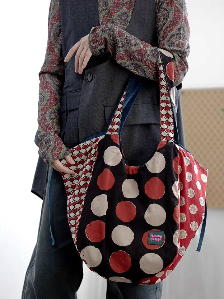 Women Retro Spliced Polka Dot Shoulder Bag