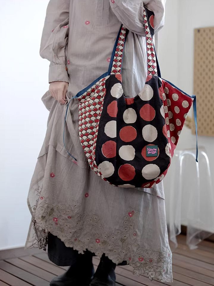 Women Retro Spliced Polka Dot Shoulder Bag