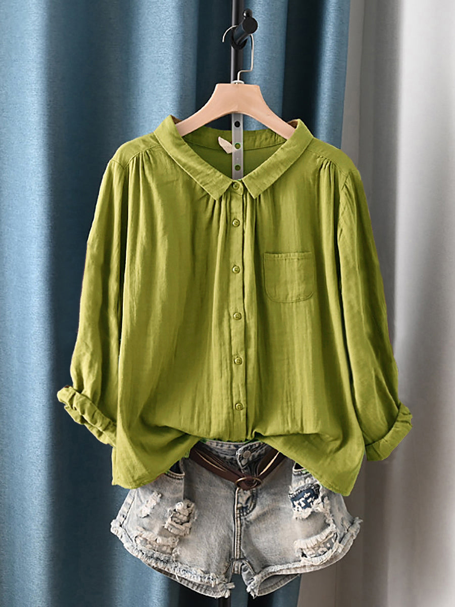 Plus Size Women Summer Artsy Turn-down Collar 100%Cotton Shirt