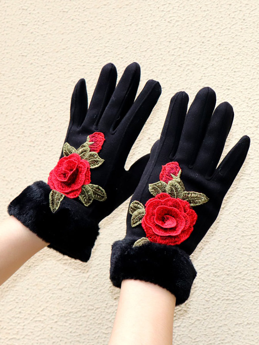 Women Artsy Winter  Embroidery Fleece-lined Gloves