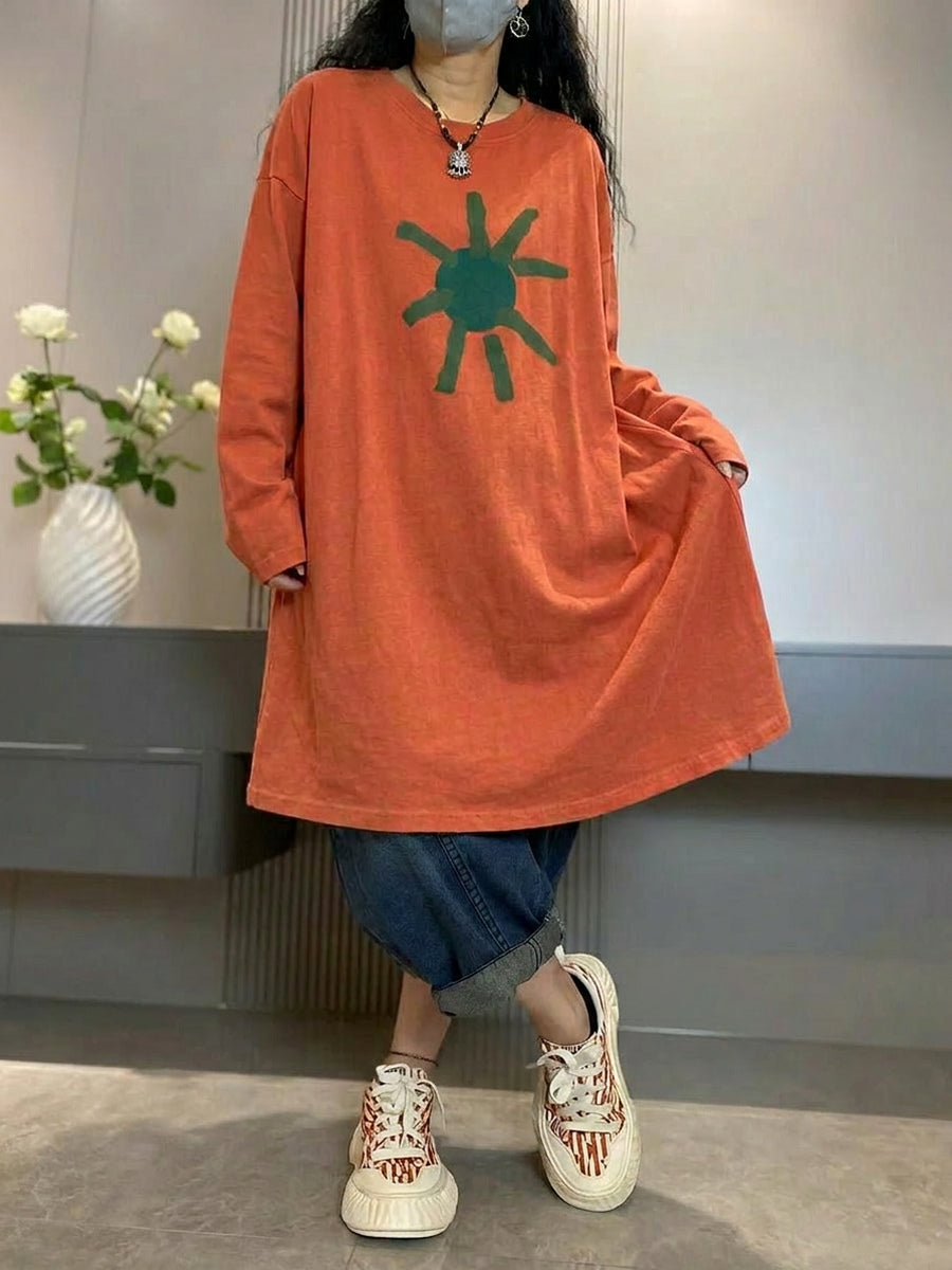 Plus Size Women Artsy Print Autumn Cotton Long Blouse