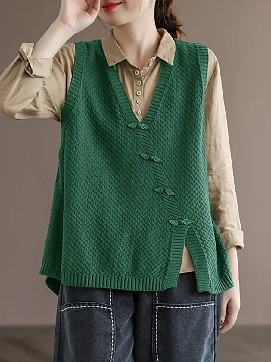 Artisan Cotton Knitted Vest - Flattering V-Neck Button Sweater Vest with Asymmetric Hem | Plus Size