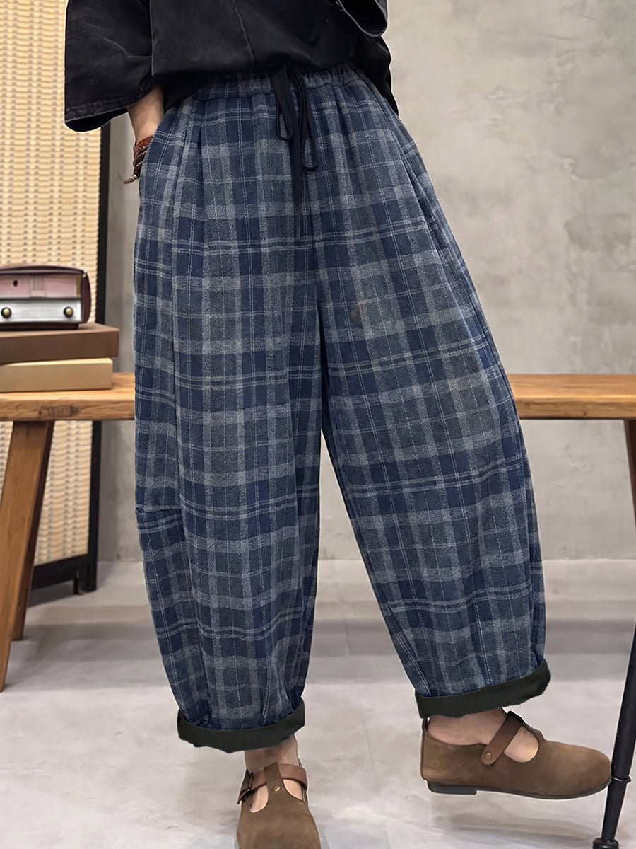 Plus Size Women Vintage Plaid Brushed Fleece-Lined Loose Harem Pants
