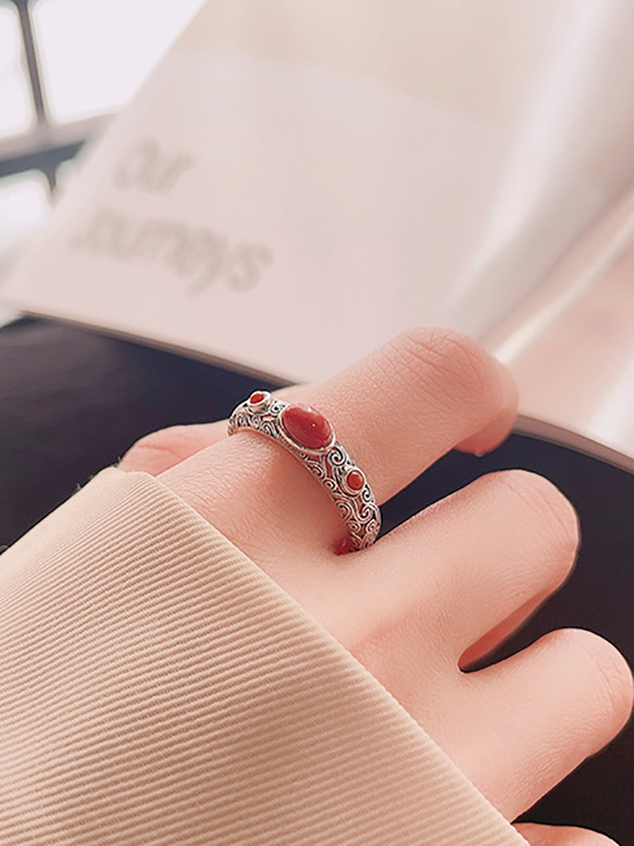 Women Vintage S925Silver Red Agate Adjustable Ring
