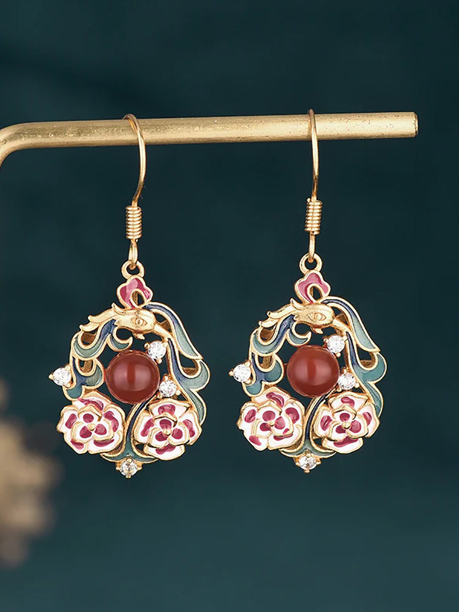 Women Chinese Style Enamel Flower Jade Silver Earrings