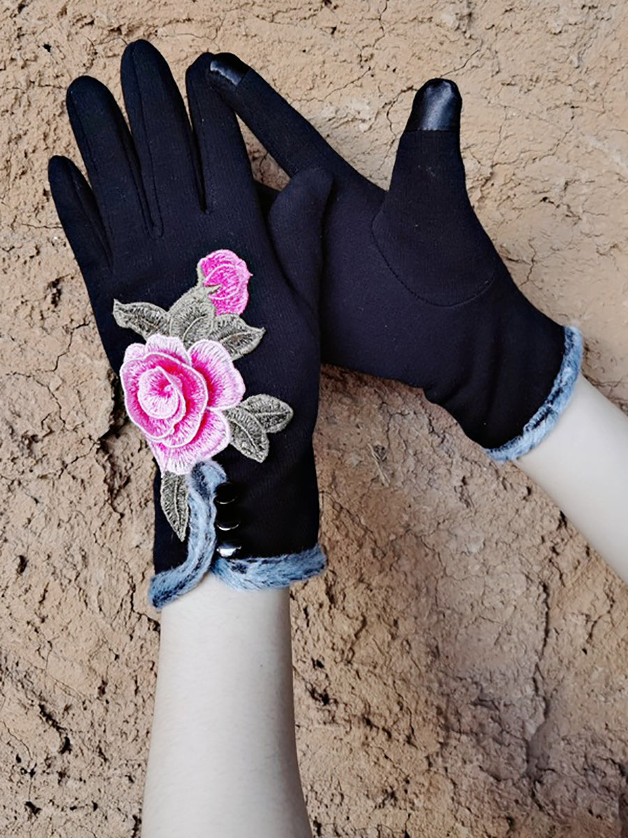 Women Ethnic Winter  Embroidery Fleece-lined Gloves