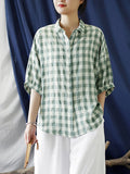 Plus Size Cotton Summer Plaid Vintage Women Loose Shirt