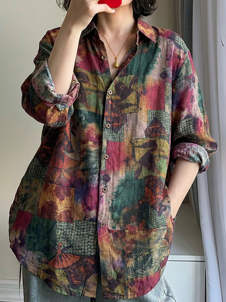 Plus Size Women Ethnic Flower Turn-down Collar Long Sleeve Shirt