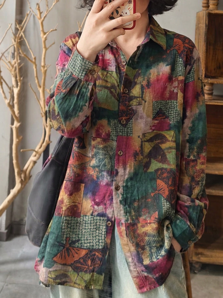 Plus Size Women Ethnic Flower Turn-down Collar Long Sleeve Shirt