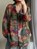 Plus Size Women Ethnic Flower Turn-down Collar Long Sleeve Shirt
