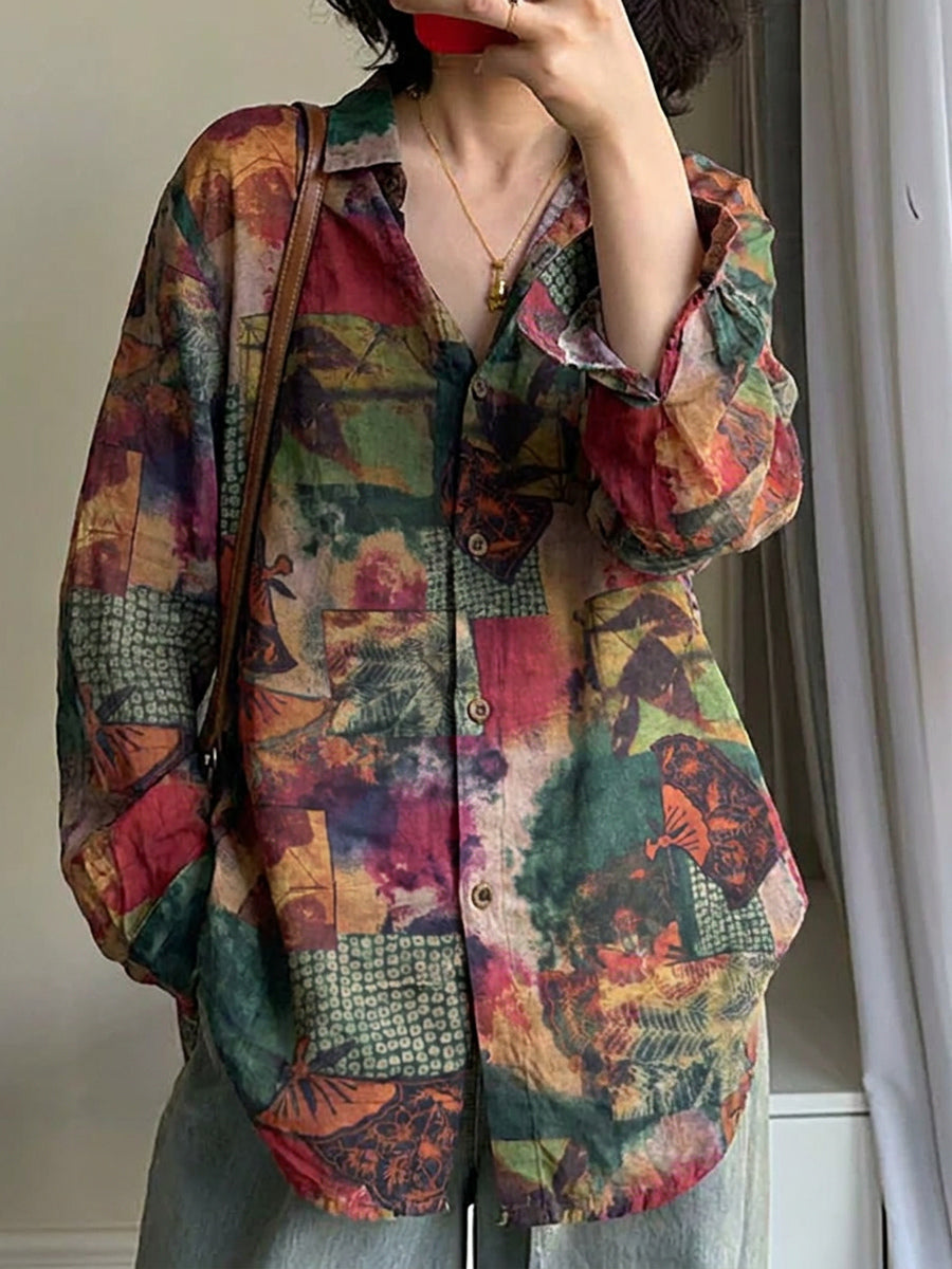 Plus Size Women Ethnic Flower Turn-down Collar Long Sleeve Shirt