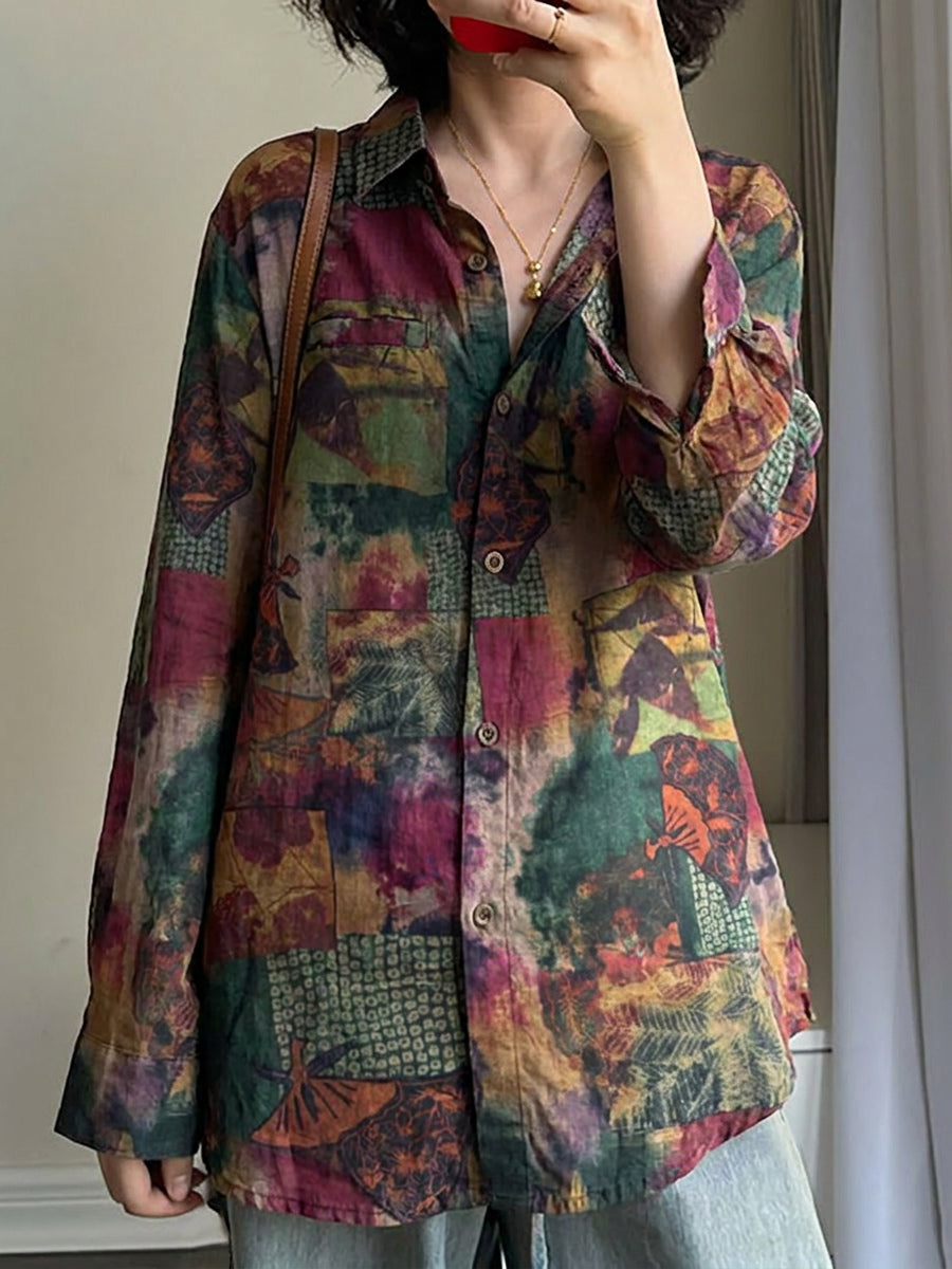 Plus Size Women Ethnic Flower Turn-down Collar Long Sleeve Shirt