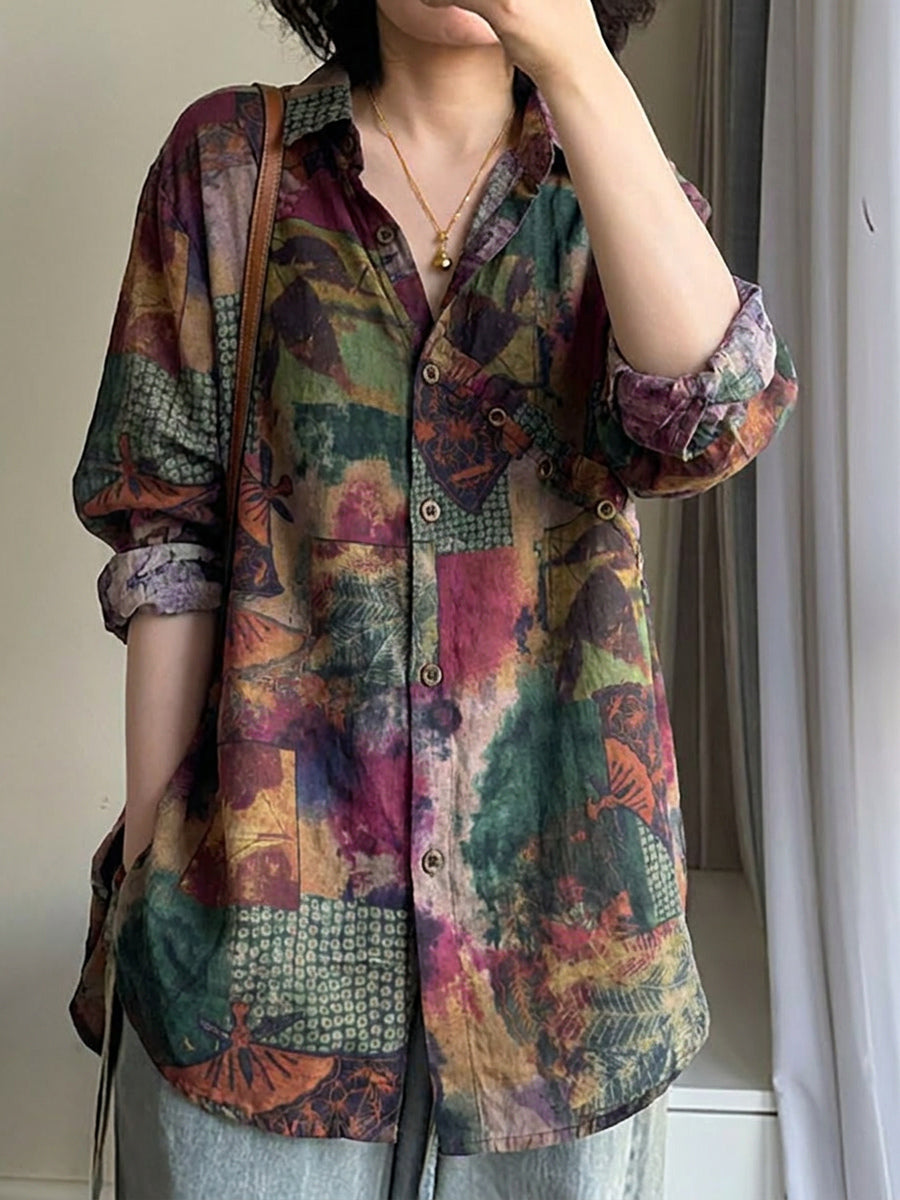 Plus Size Women Ethnic Flower Turn-down Collar Long Sleeve Shirt