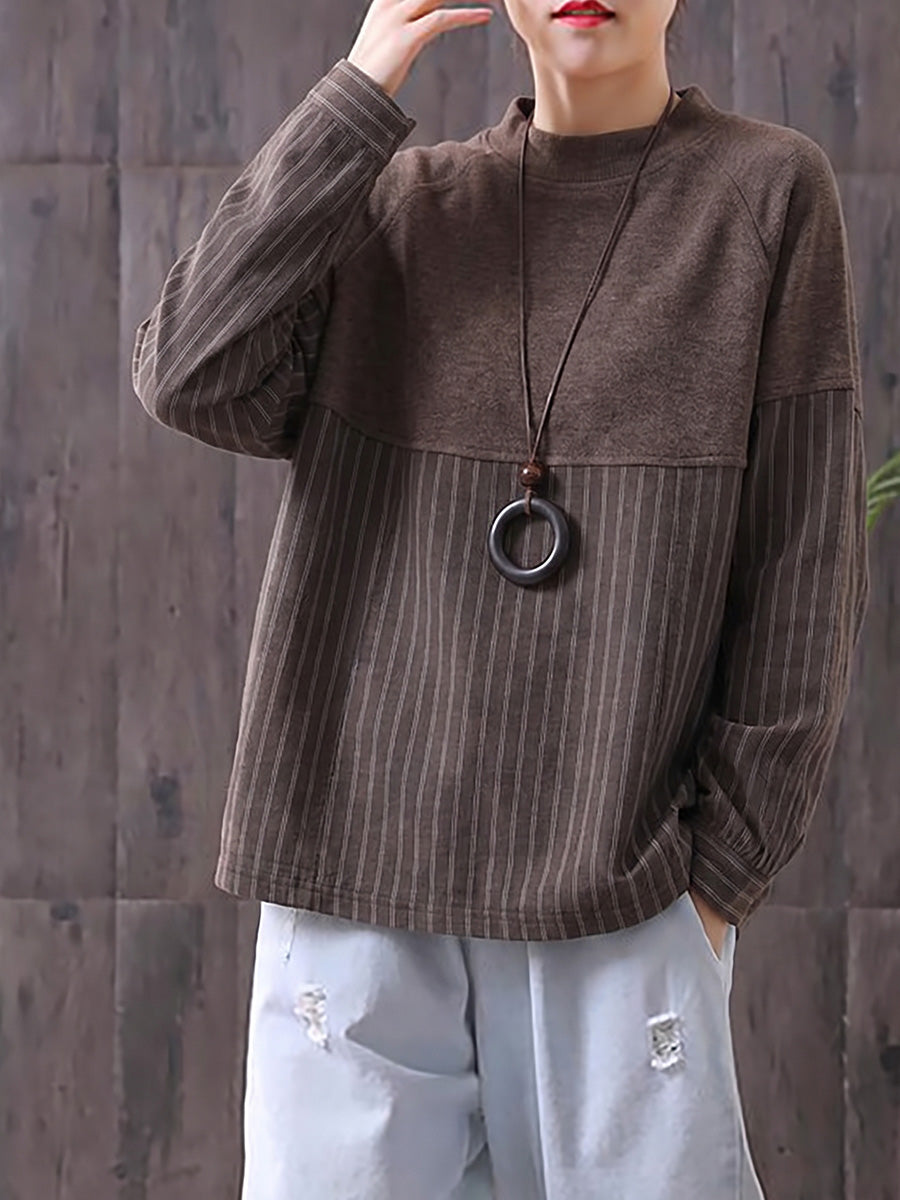 Plus Size Women Half-Turtleneck Striped Patchwork Long Sleeve Top