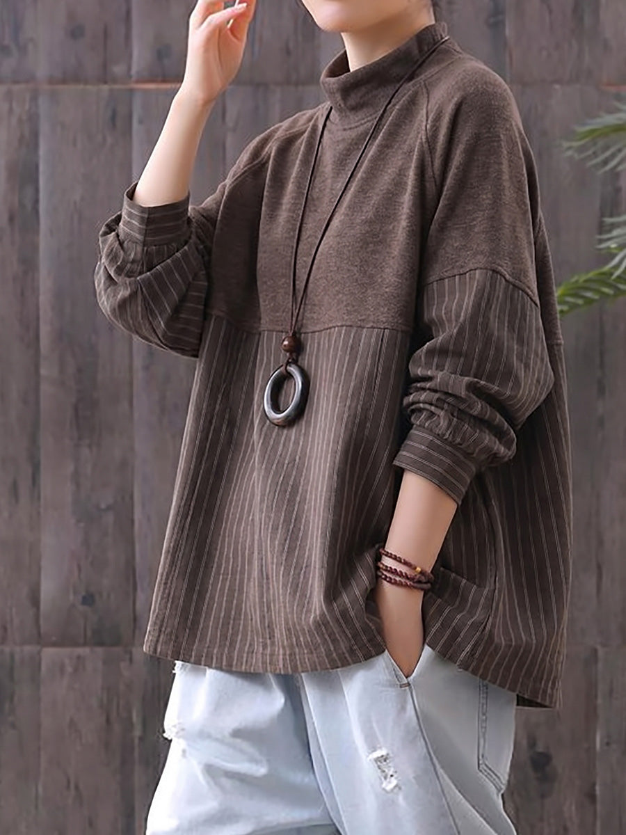 Plus Size Women Half-Turtleneck Striped Patchwork Long Sleeve Top