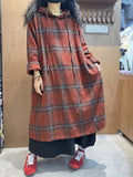 Plus Size Women Vintage Plaid Loose Hooded Dress