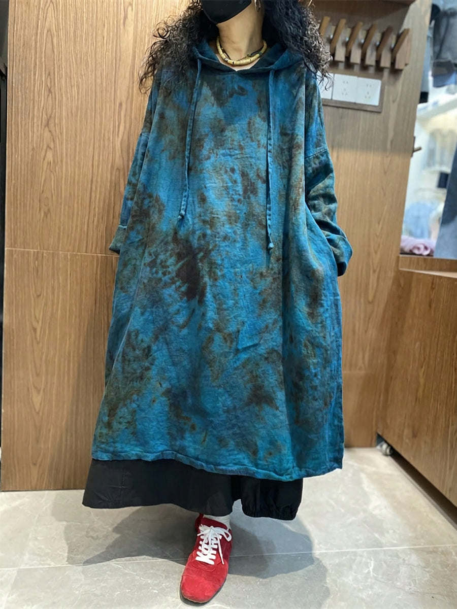 Plus Size Women Spring Casual Tie-dye Loose Hooded Dress