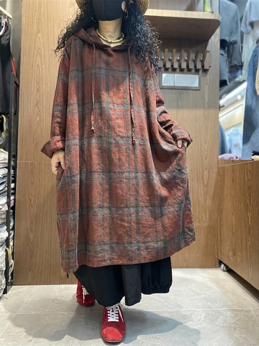 Plus Size Women Vintage Plaid Loose Hooded Dress