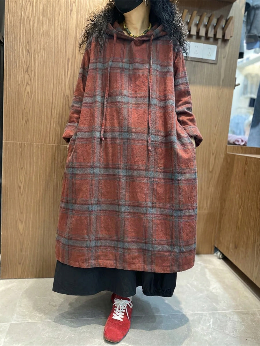 Plus Size Women Vintage Plaid Loose Hooded Dress