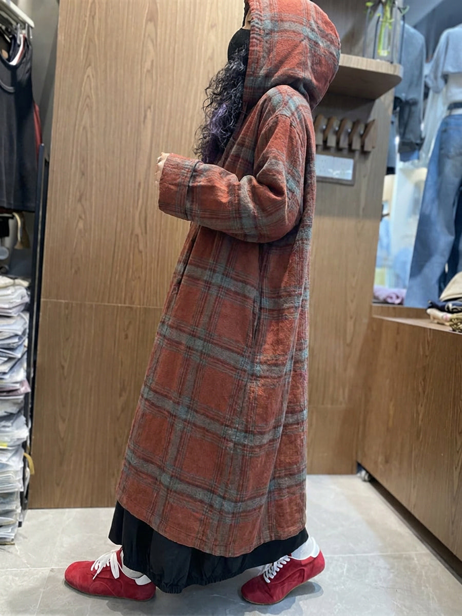 Plus Size Women Vintage Plaid Loose Hooded Dress