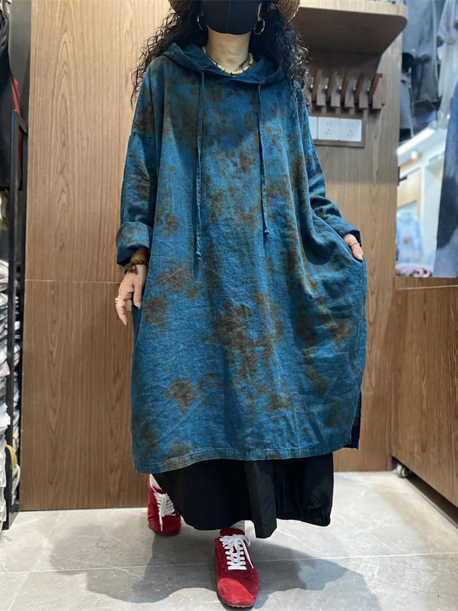 Plus Size Women Spring Casual Tie-dye Loose Hooded Dress