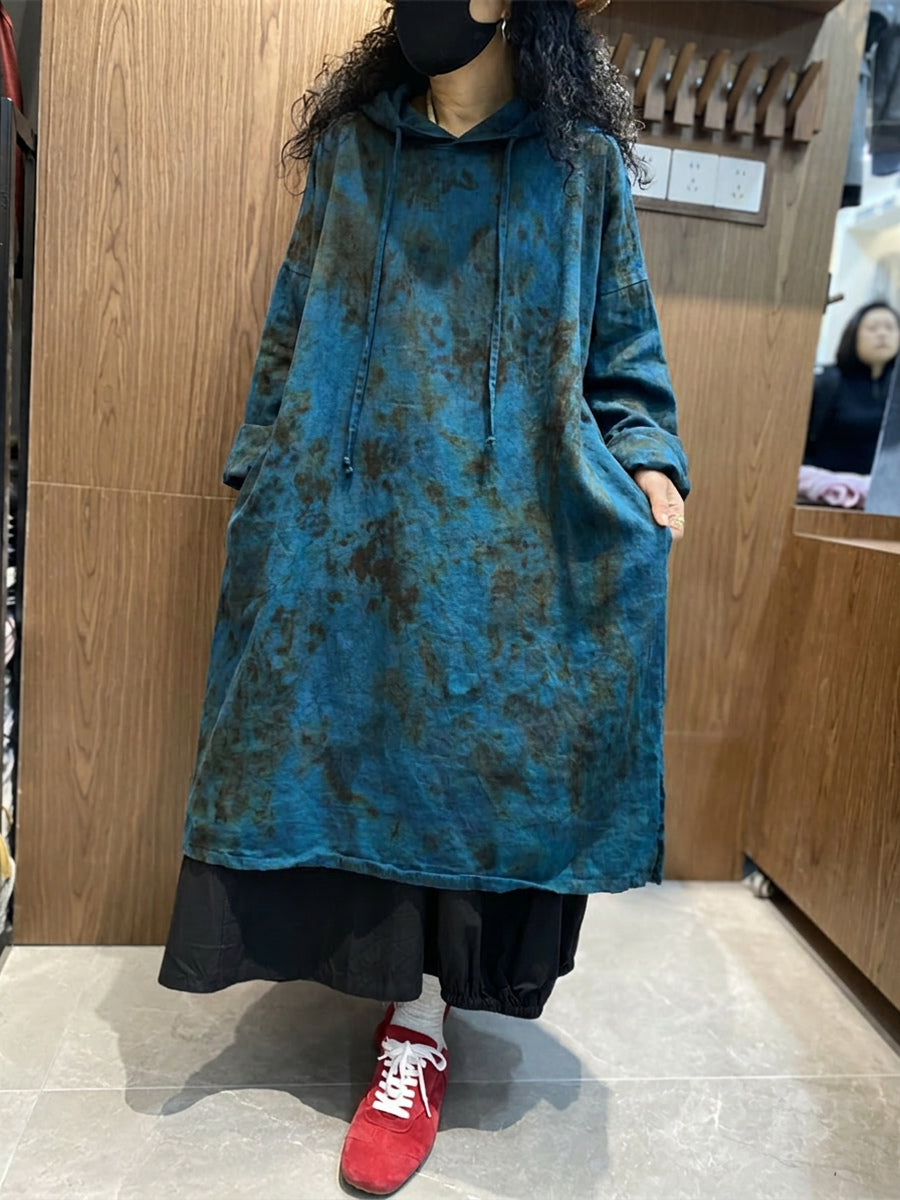 Plus Size Women Spring Casual Tie-dye Loose Hooded Dress