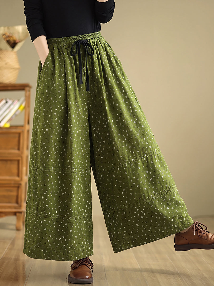 Plus Size Women Artsy Floral Cotton Wide-Leg Pants