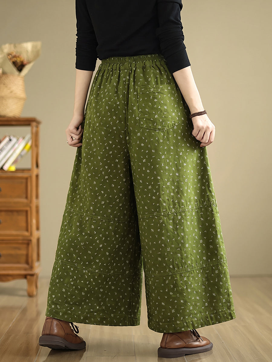 Plus Size Women Artsy Floral Cotton Wide-Leg Pants