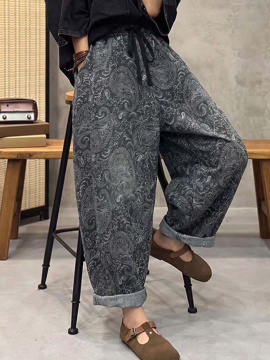 Plus Size Women Retro Flower Denim Harem Pants