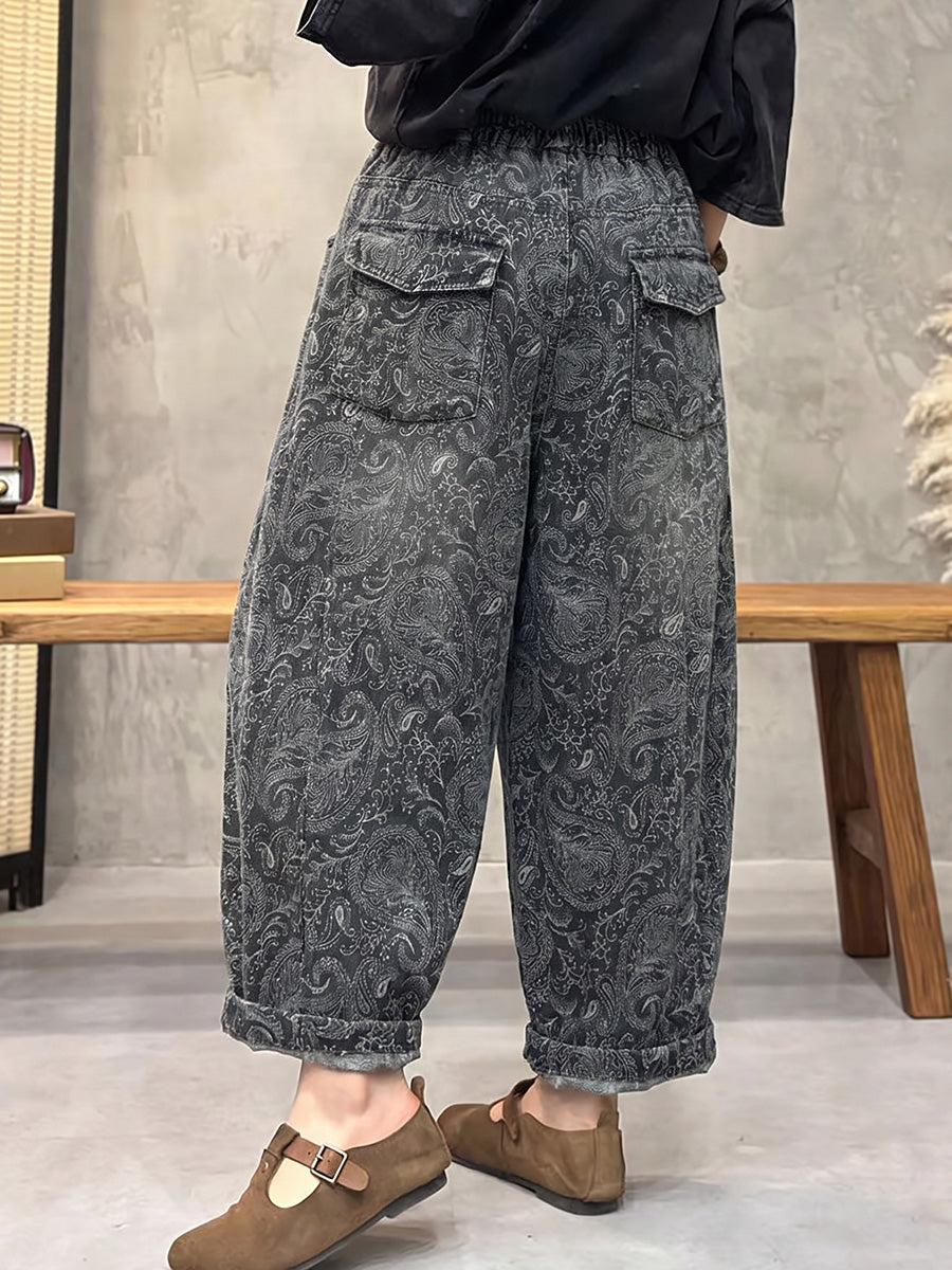 Plus Size Women Retro Flower Denim Harem Pants