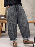 Plus Size Women Retro Flower Denim Harem Pants
